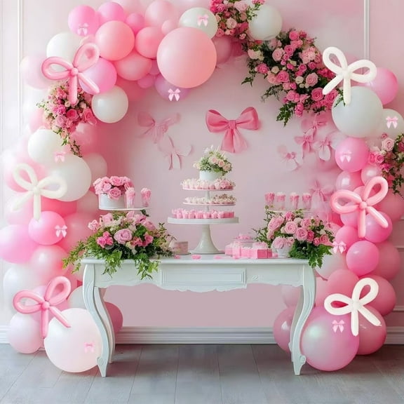 SKTMH 178Pcs Bow Balloon Arch Coquette Birthday Decorations Pink Balloon Garland Bow Party Supplies Pastel Light Pink White Balloon Garland for Wedding Bridal Shower Bachelorette Coquette Theme Decor