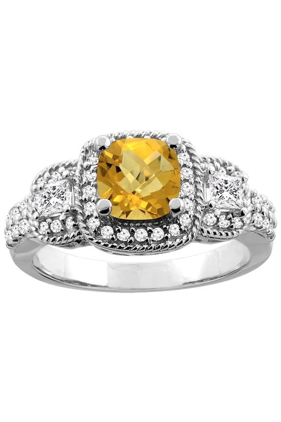 14K White Gold Natural Whisky Quartz Ring Cushion-cut 6x6 mm Diamond Accent, size 5.5