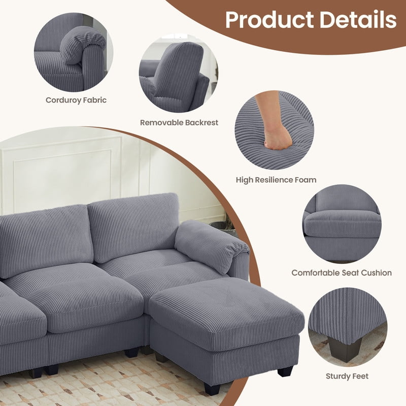 RIAFUN Oversized U-Shaped 7-Seater Modular Sectional Sofa with Chaise, Convertible Sleeper & Ottoman, Deep Seat Cloud Couch in Corduroy for Living Room, Dark Gray