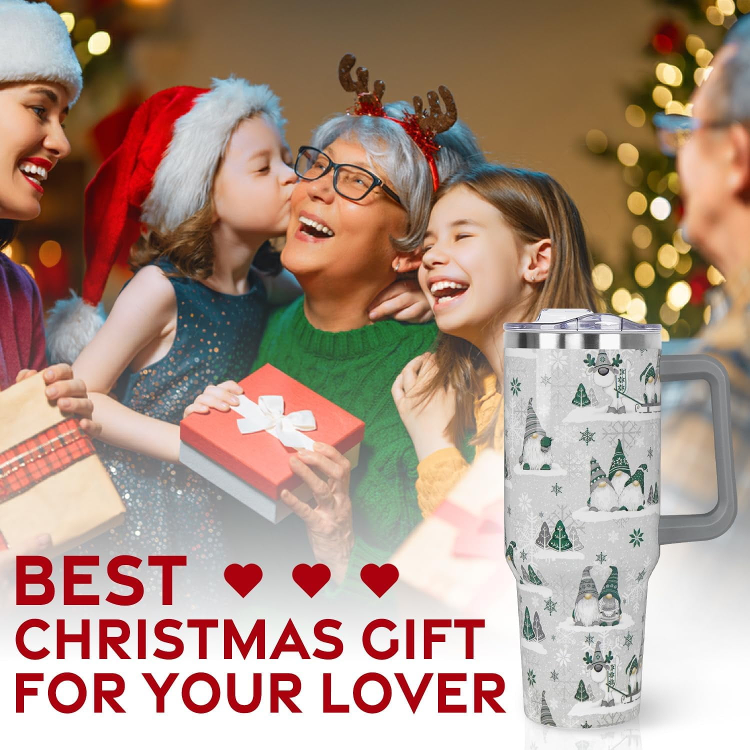 Christmas Gifts 40 oz Tumbler with Handle and Straw Lid,Cute Gifts for Women Winter Gnome Vacuum Insulated Leak Proof Tumbler,Holiday Accessories Stainless Steel Coffee Cup Mug (Green)