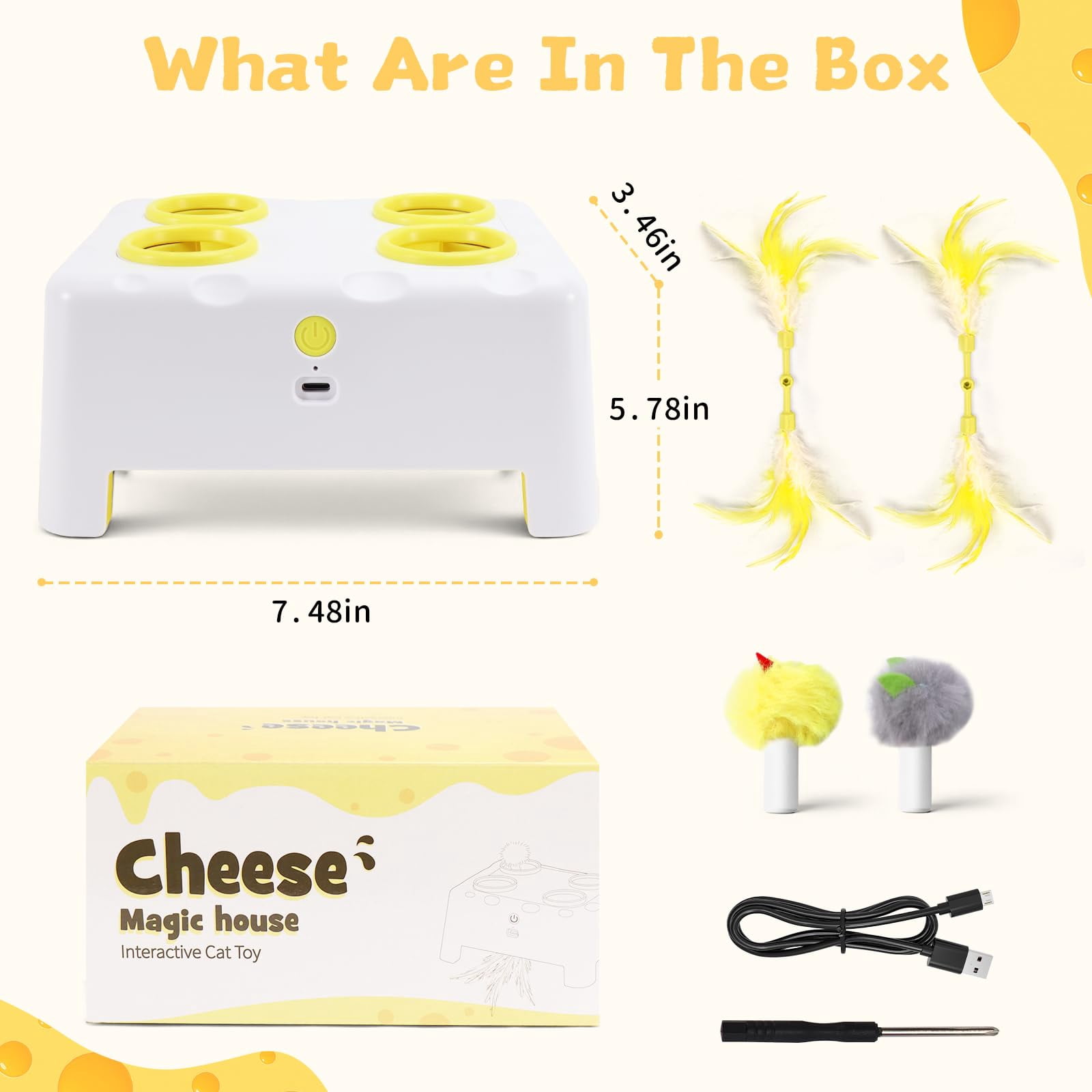 Cheese Box Interactive Cat For Indoor Cats  3-in-1 Whack A Mole 3 Modes Rechargeable Auto Toys Bored 4 Holes Kitten 4 Accessories (white)
