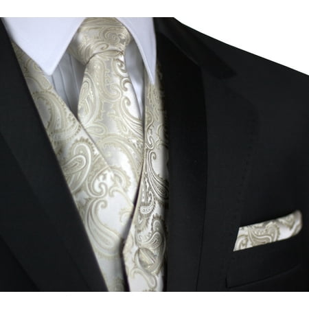 Italian Design, Men's Formal Tuxedo Vest, Tie & Hankie Set for Prom, Wedding, Cruise in Champagne