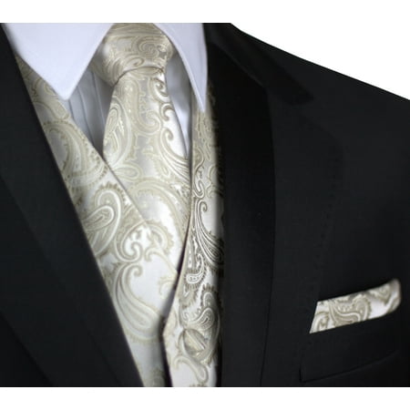 Toy Champagne Italian Design, Men's Formal Tuxedo Vest, Tie & Hankie Set for Prom, Wedding, Cruise in Champagne Paisley ()