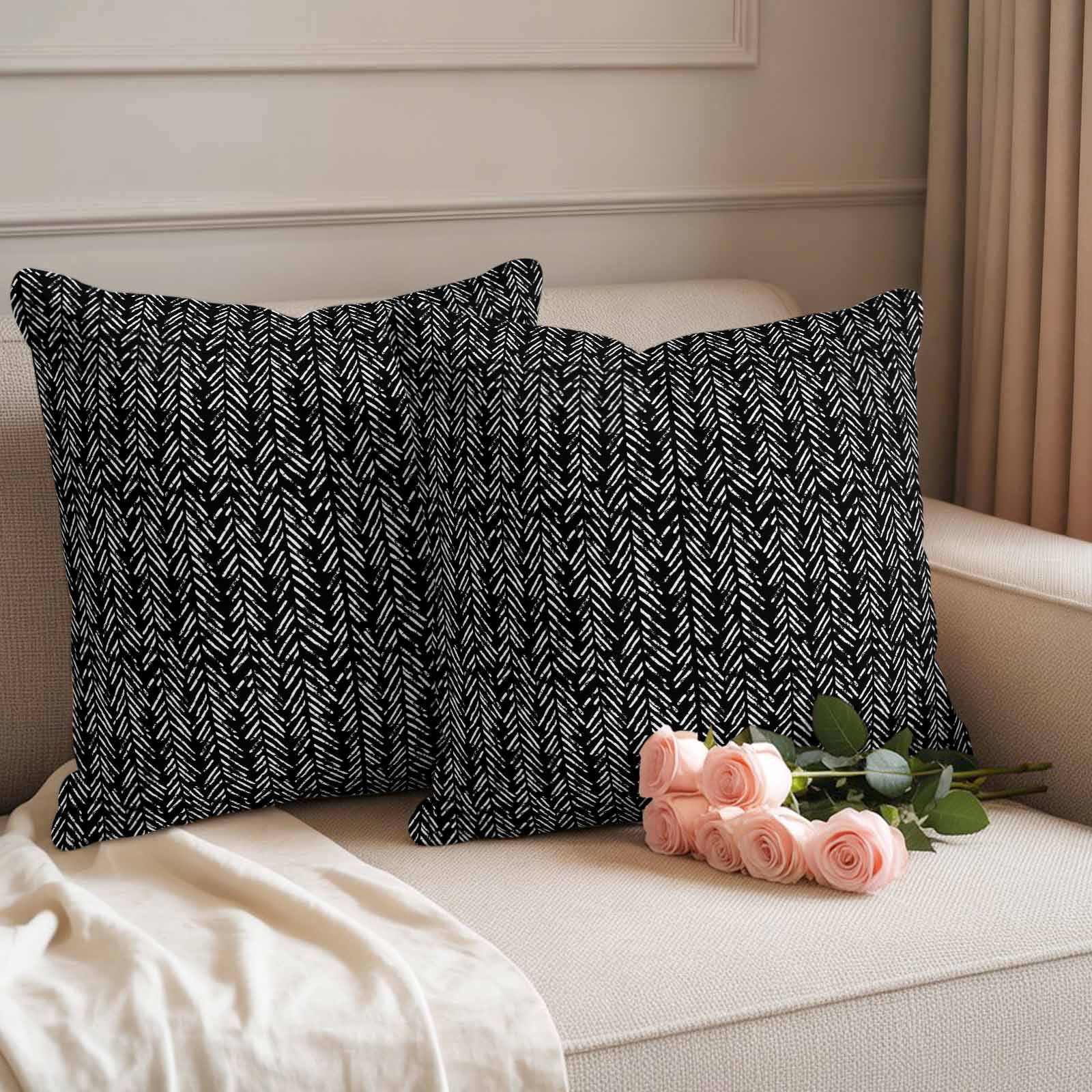 Black White Striped Outdoor Waterproof Pillow Covers, Abstract Modern Art Irregular Stripe Decorative Square Throw Pillowcase Sofa Cushion Sham for Patio/Couch/Chair, 26"x26" 2 Pack