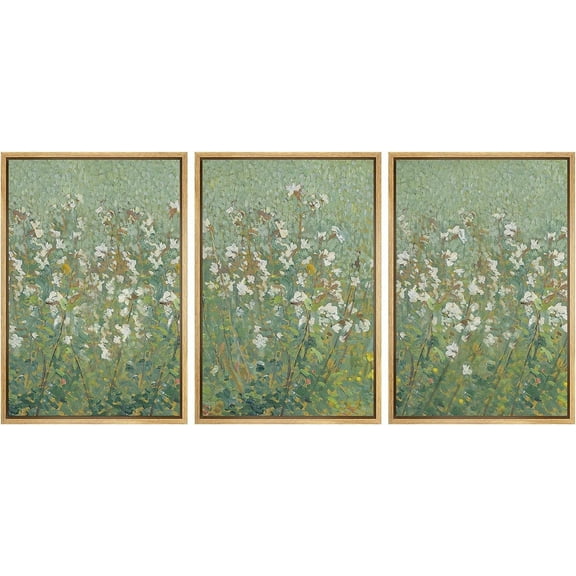 PixonSign Framed Canvas Print Wall Art Set Emerald Green Monet White Flower Field Nature Wilderness Illustrations Modern Art Decorative Floral Botanical Minimal Calm for Bedroom - 24"x36"x3 Natural