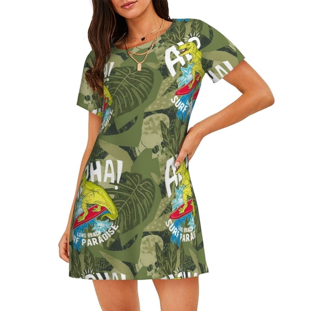 Fotbe Surfing Dinosaur Bata de Dormir para Mujer con Estampado, Camisón de Algodón de Manga Corta, Ropa de Dormir Casual