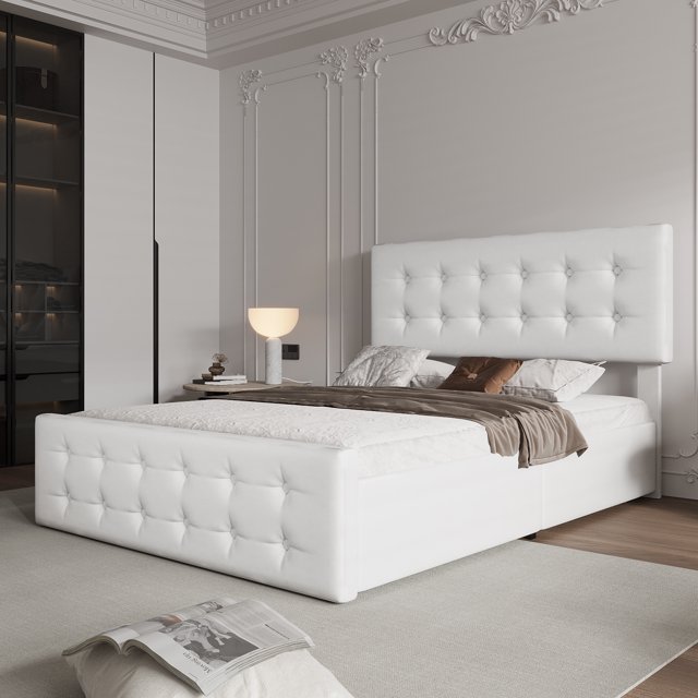 Bed Frame with 4 Storage Drawers, Upholstered Platform Bed Frame, Button Tufted Design, Wooden Slats Support, No Box Spring Needed