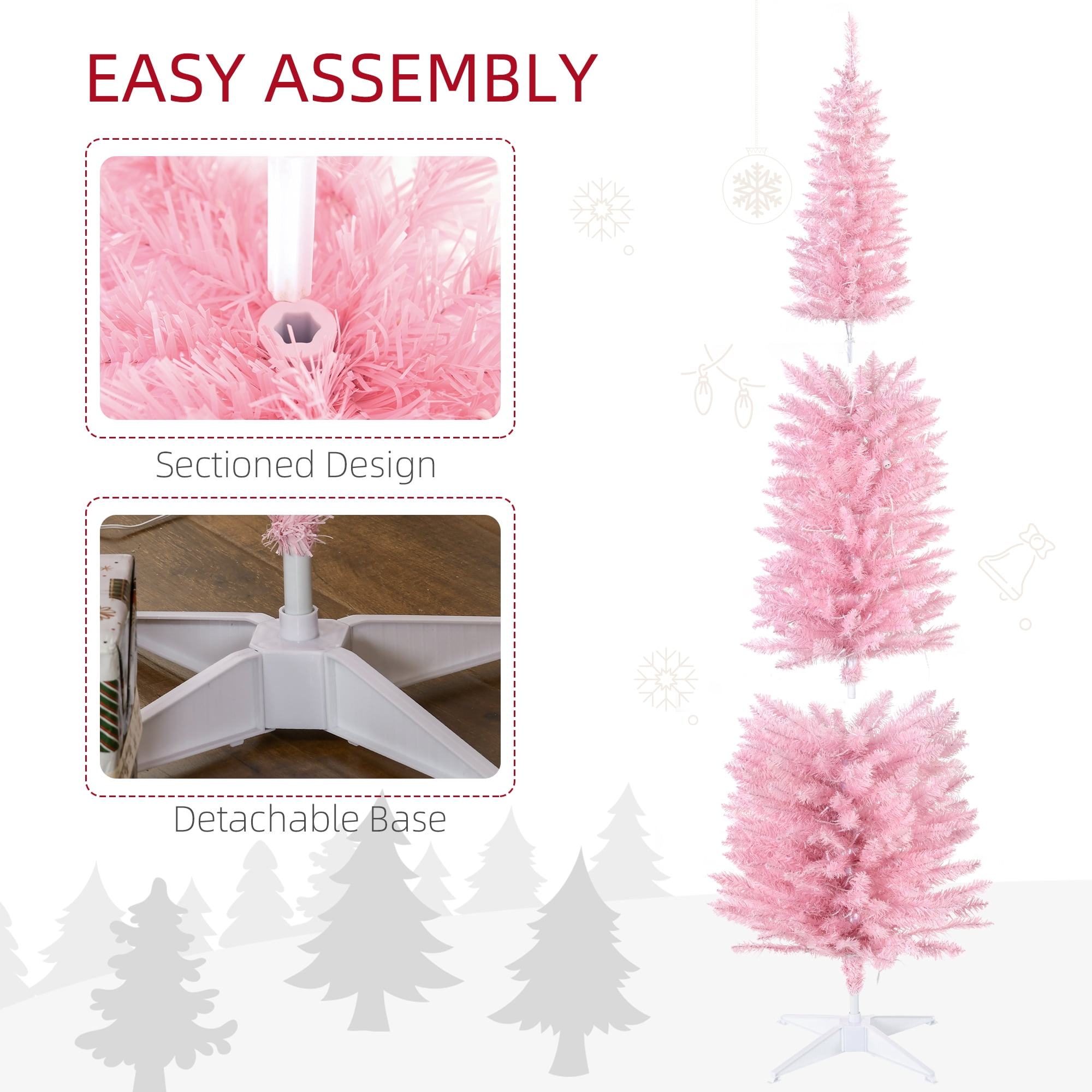 6ft Prelit Pink Pencil Christmas Tree 499 Tips 200 Warm White LED Lights Flame Retardant Indoor Holiday Decor