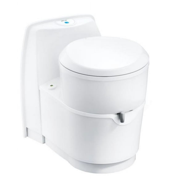 Thetford Toilet 200866SP Permanent Rotating; 4.75 Gallon Waste Water Tank; Round Seat With 19 Inch Seat Height; Push Button Flush Control; Electric Flush; White; Without Hand Sprayer