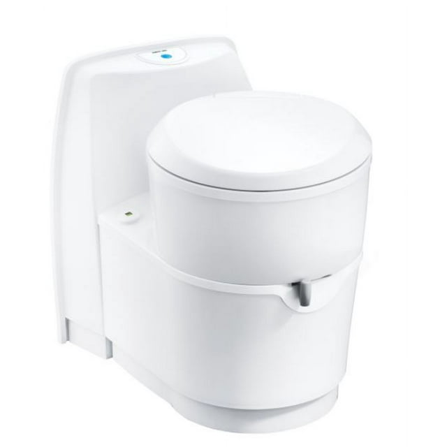Thetford Toilette 200866SP Rotative Permanente; Réservoir d'Eau Usée de 4,75 Gallons; Siège Rond avec Hauteur de Siège de 19 Pouces; Commande de Chasse à Bouton-Poussoir; Chasse Électrique; Blanc; Sans Pulvérisateur Manuel