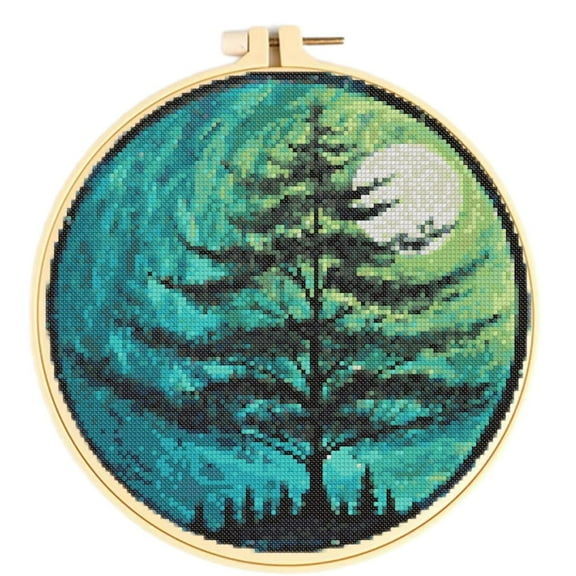 Easy Cross Stitch Kits for Starter Kits Pine Tree DIY 11CT Pre-printed Patterns Embroidery Needlepoint Cross Stitching Needlework Kit Set Supplies with Hoop 38x38cm