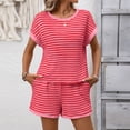 thumbnail image 6 of Two Piece Sets for Women Casual Stripe Round Neck Short Sleeve Blouse Fashion Short Pants Sport Suit, 6 of 8