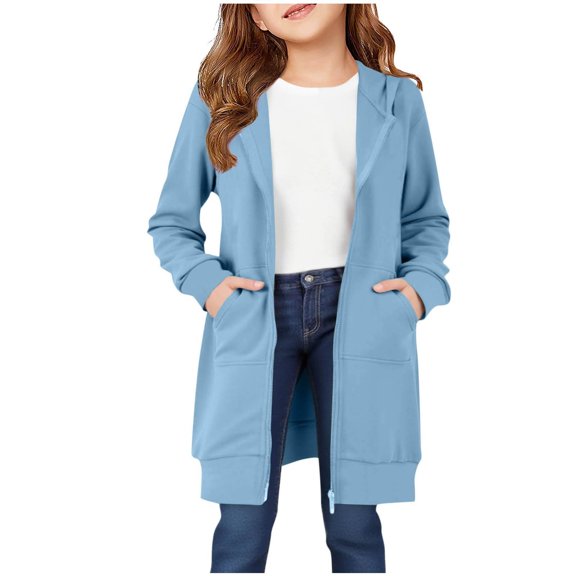 Girls Long Zip Up Hoodie Jacket, Casual Loose Long Sleeve Hooded Sweatshirt Coat with Front Pockets, Kids Solid Lightweight Outerwear for Daily Outdoor School Wear(Light Blue,9-10 Years)