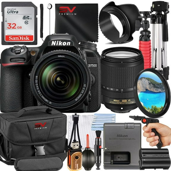 Nikon D7500 Mirrorless Camera with 18-140mm Lens   SanDisk 32GB Memory Card   Pistol Grip Tripod   SV Premium Accessory Bundle (International Version)