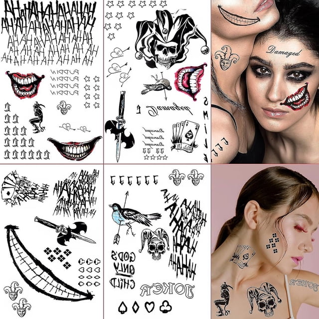 Tatuajes temporales de Halloween Sincero 4 hojas de tatuajes de Joker adhesivos para hombres y mujeres
