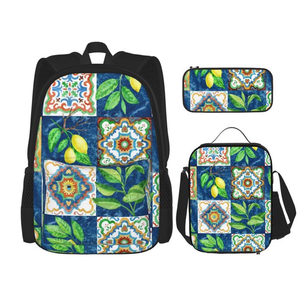 Easygdp Lemon and Leaves Mochila para Niños y Niñas con Set de Caja de Almuerzo y Estuche para Lápices 3 en 1, Mochila Escolar Estampada para Adolescentes
