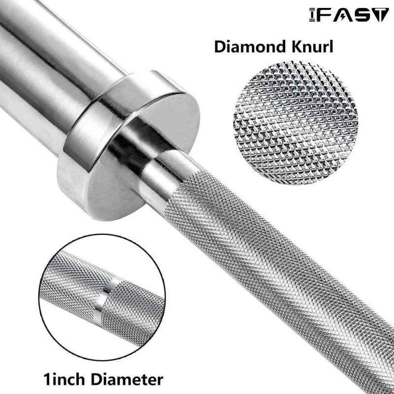 LuckyNote 48 Inch Curl Barbell Bar for Olympic Weight Plates, Stainless Steel Weight Bar with Diamond Knurled Grip for Home Gym Workouts, Silver
