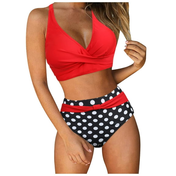 Huowey Women Swimsuit Leopard Front Front Cross Ruched Halter Beachwear Bikini Set V-Neck High Waist Tummy Control Vintage 2 Piece Stylish Swimwears Tankinis Set,Red,M
