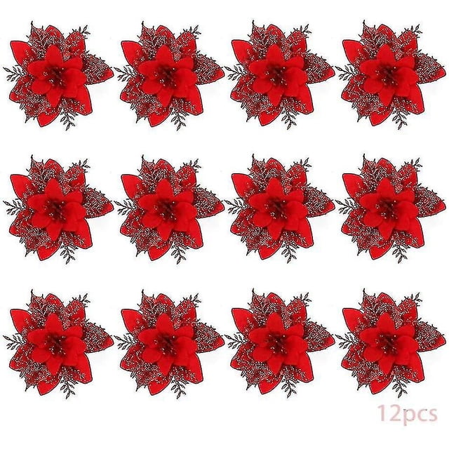 12 piezas de flores artificiales con purpurina navideña, decoraciones de flores navideñas de 15 cm, rojo (esheng)