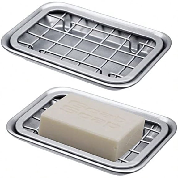 Bathroom Soap Dish Tray - Metal 2-Piece Soap Dish Tray with Drainage Grid and Holder for Kitchen Sink Countertops to Store Soap Sponges Scrubbers - Rust Resistant 2 Pack Silver