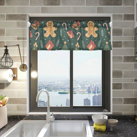 Yayeee Kitchen Valance Rod Pocket 54" x 18" Living Room Window Curtain, Brown Christmas Gingerbread