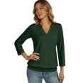 thumbnail image 5 of Womens 3/4 Sleeve Shirts Banded Bottom V Neck Summer Tops Loose Fit Casual Dressy Basic Tees Dark Green L, 5 of 6