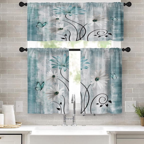 3Pc Teal Daisy Butterfly Kitchen Curtain Set 1 Valance 52x18 inches 2 Tiers 27x39 inches for Kitchen Bathroom Window Decor