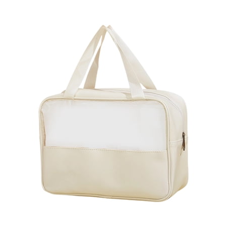 Makeup Bag  Clear Window 1 Piece Beige Portable Travel Toiletry Bag with Top Handle Leakproof Waterproof Cosmetic Storage Organizer for Women Travel Daily Business Trip