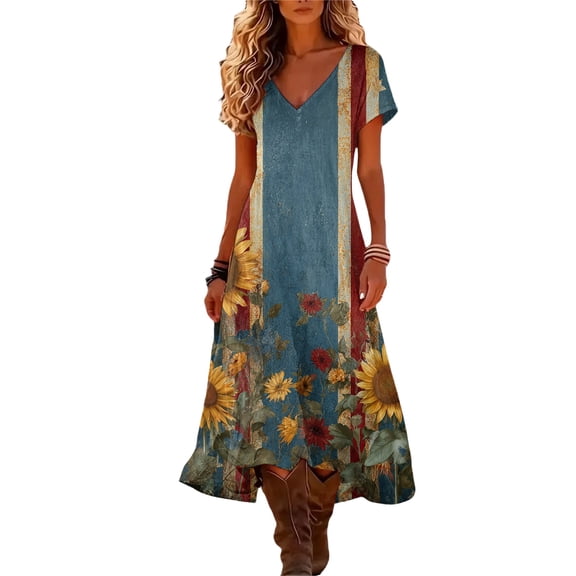 Women's Fashion Summer V Neck Short Sleeve Retro Floral Print Midi Dress Flowy A Line Beach Dress for Vacation Casual Daily Wear