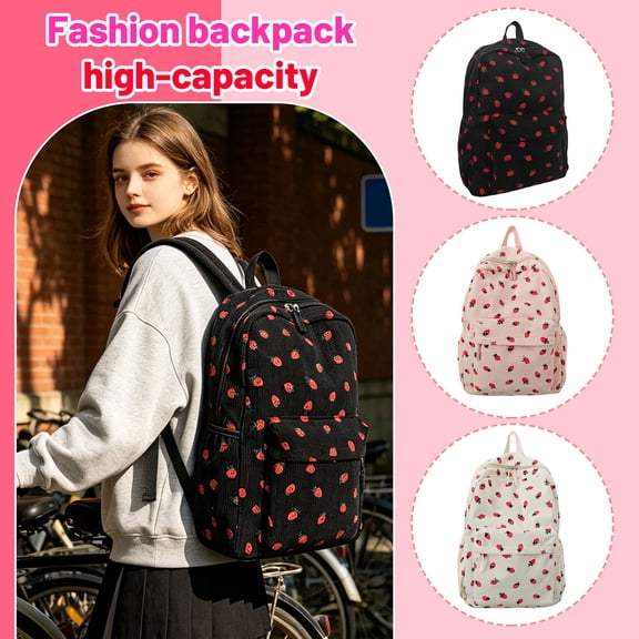 Girls School Backpack With Strawberry Pattern, Soft Comfortable Casual Carry Pack, Light Simple Stylish Bag For Outdoor Walking Teen Daily Storage (Pink)