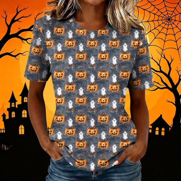 Women's Halloween Graphic T Shirts Cute Ghost and Pumpkin Pattern Print Short Sleeve Crewneck Casual Fall Tops Lightweight Comfortable Holiday Tees