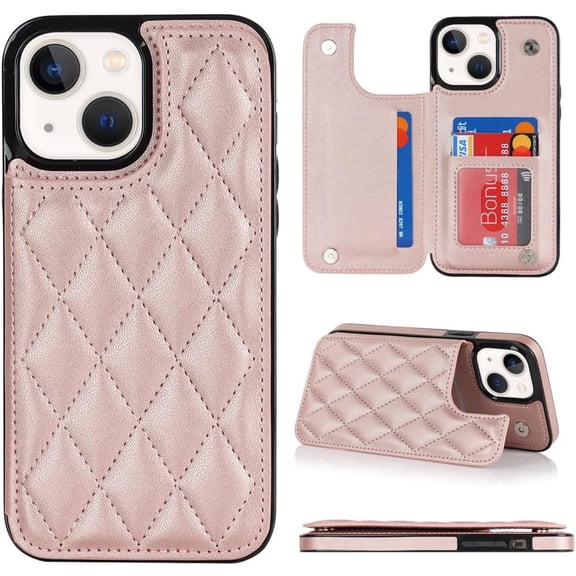 HCTian Compatible with Leather iPhone 14 Wallet Case with Card Holder RFID Blocking,3 Card Slots Premium Protective Phone Case with Kickstand Durable Shockproof Cover for Women