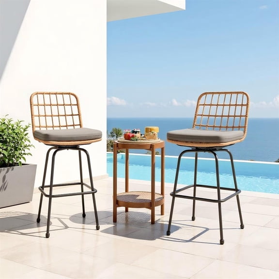 Topcobe Patio Swivel Barstools Set of 2 with Soft Seat Cushions, Outdoor Patio Furniture for Garden Backyard Pool Deck-Gray