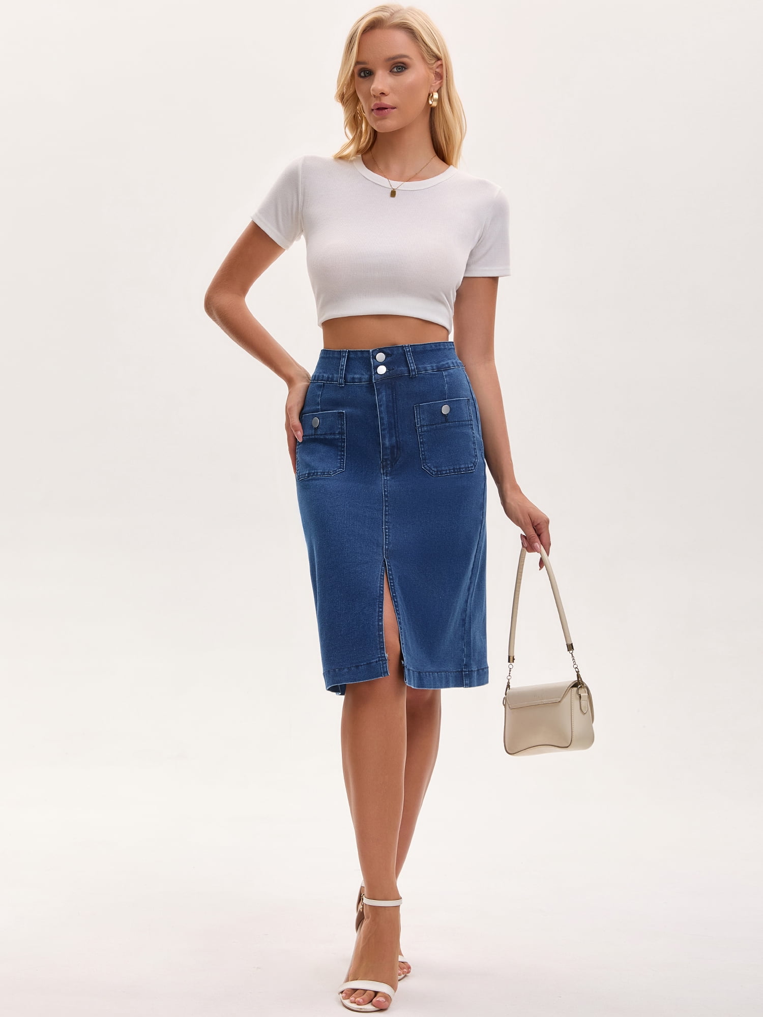 DARING DIVA Women's Stretchy Below Knee Length Jean Skirts Large Dark Blue