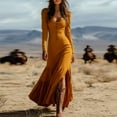 thumbnail image 3 of Women's Maxi Dress Long Dress Long Sleeve Western Style Button Front Gathered Detail Sexy Dress for Spring Fall,Earthy Yellow,M, 3 of 6