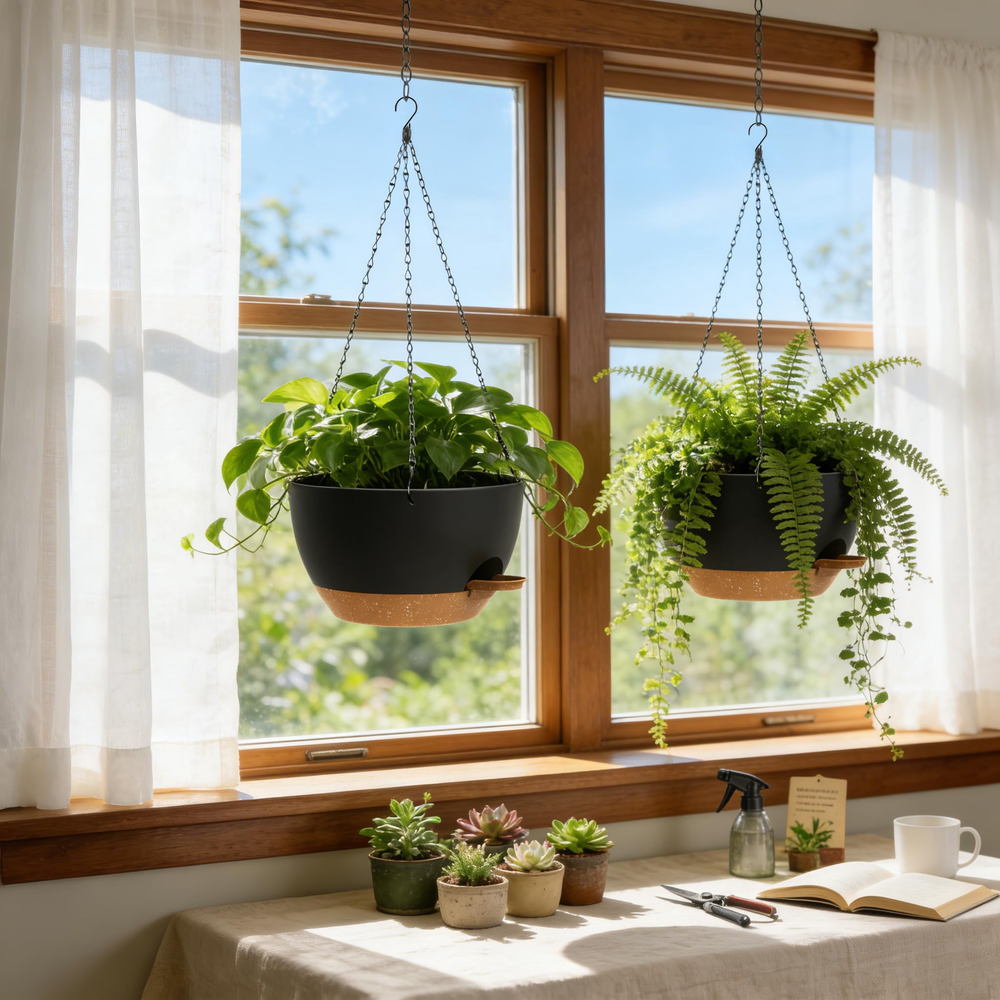 13 Inch 2 Pack Large Self Watering Hanging Planters For Indoor Outdoor Plants  Plant Pots With Removable 50 Oz Reservoir Plastic Basket Window Porch Garden Black Brown