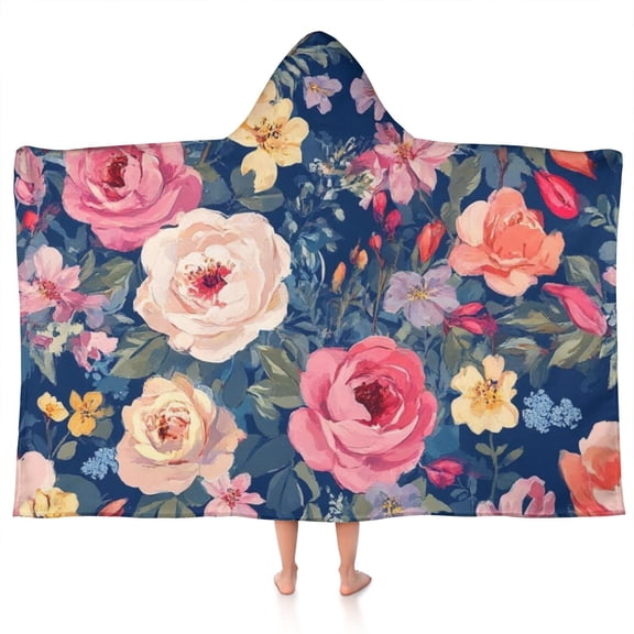 Pioneer Flower Floral Print Pattern Hooded Bath Towel，50"x30" for Ages 3 To 12 Kids, Quick Dry Lightweight Soft Microfiber Hood Beach Towel Cover Up for Kids