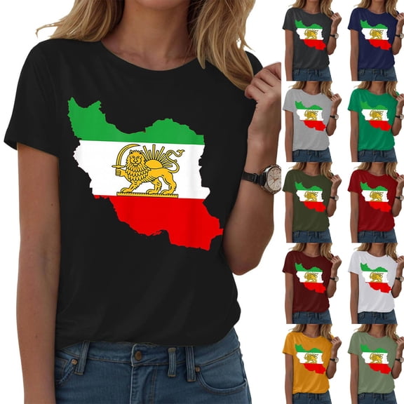GEWSEY Women's Iran Lion Sword Sun Crew Neck Short Sleeve Patriotic T-Shirt (Wine, S)