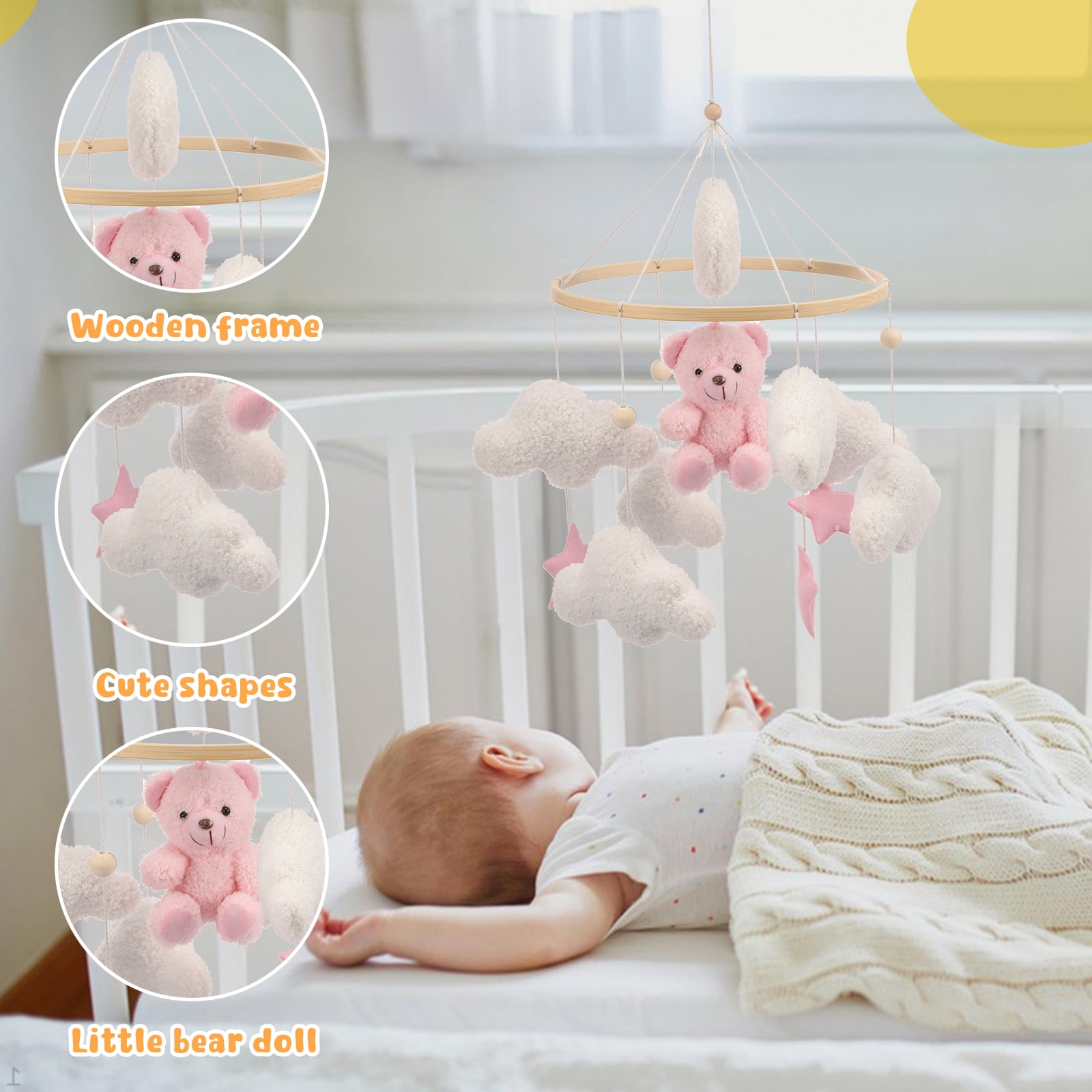 Baby Crib Mobile Soft Plush and Wood Nursery Mobile Cute Baby Bed Bell Charming Nursery Decor for Infant Newborn Boy Girl