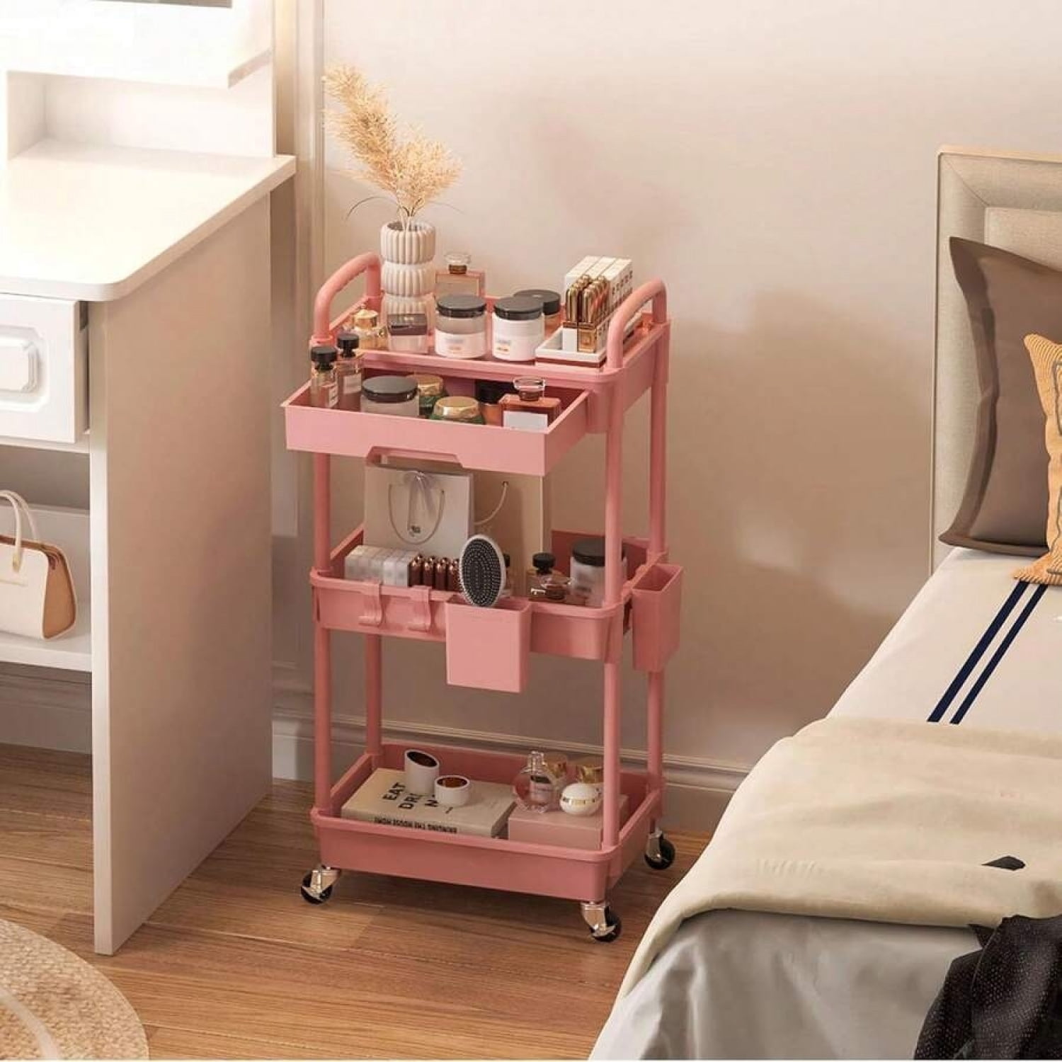 odorsTT 3 Tier Pink Rolling Storage Cart with Drawers Rolling Utility Cart with Drawers,Room Decor,Bathroom Decor,Rolling Utility Cart Rolling Storage Organizer Tool for Kitchen,Bathroom