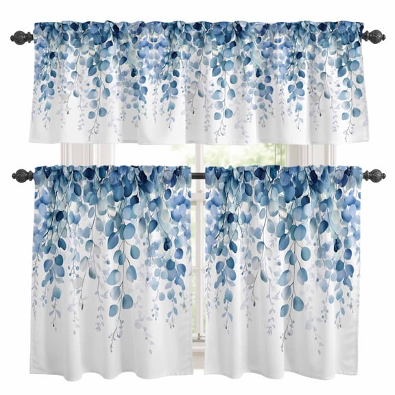 Blue Eucalyptus Leaves Kitchen Curtains Sets for Windows 24 Inch Length, Summer Botanical Weeping Rod Pocket Window Treatments Tier Curtains and Valances Set for Bedroom/Bathroom