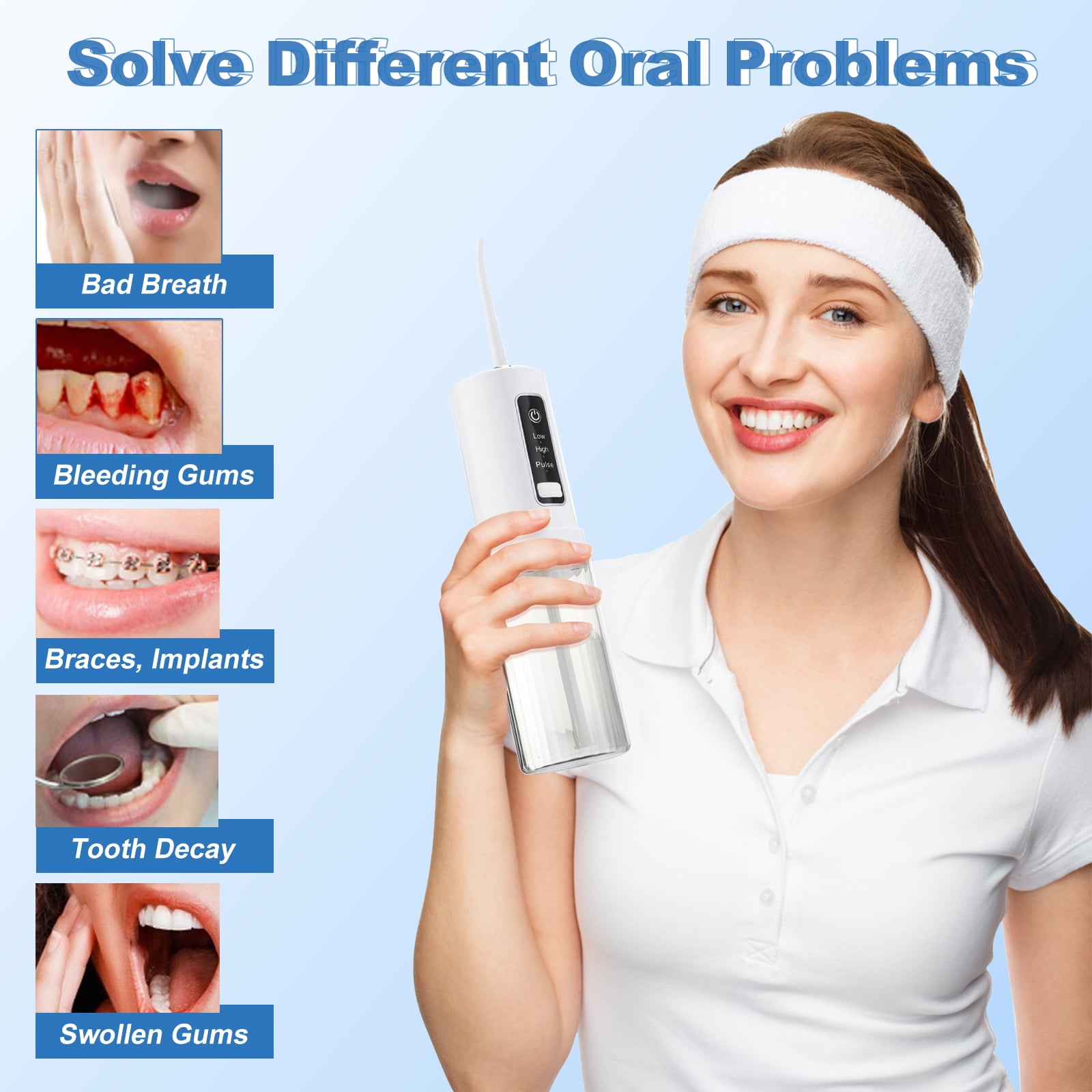 Cordless Water Dental Flosser with 3 Modes 4 Jets Rechargeable IPX7 Waterproof 230ML Water Tank Dental Oral Irrigator for Travel Home Braces(White)