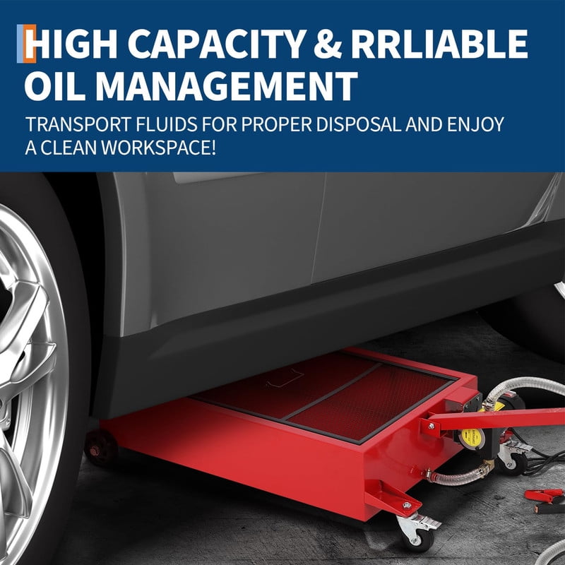 Low Profile Oil Drain Pan 12V, 20-Gallon Metal Oil Change Pan Cart with 180W Electric Pump, 8FT Hose & Folding Handle for Cars, SUVs, Trucks, Buses