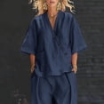thumbnail image 6 of yardsong Women Linen Two Piece Summer Sets Half Sleeve Wrap V Neck Button Down Shirts Summer Wide Leg Linen Pant Lounge Outfits Navy,XL, 6 of 9