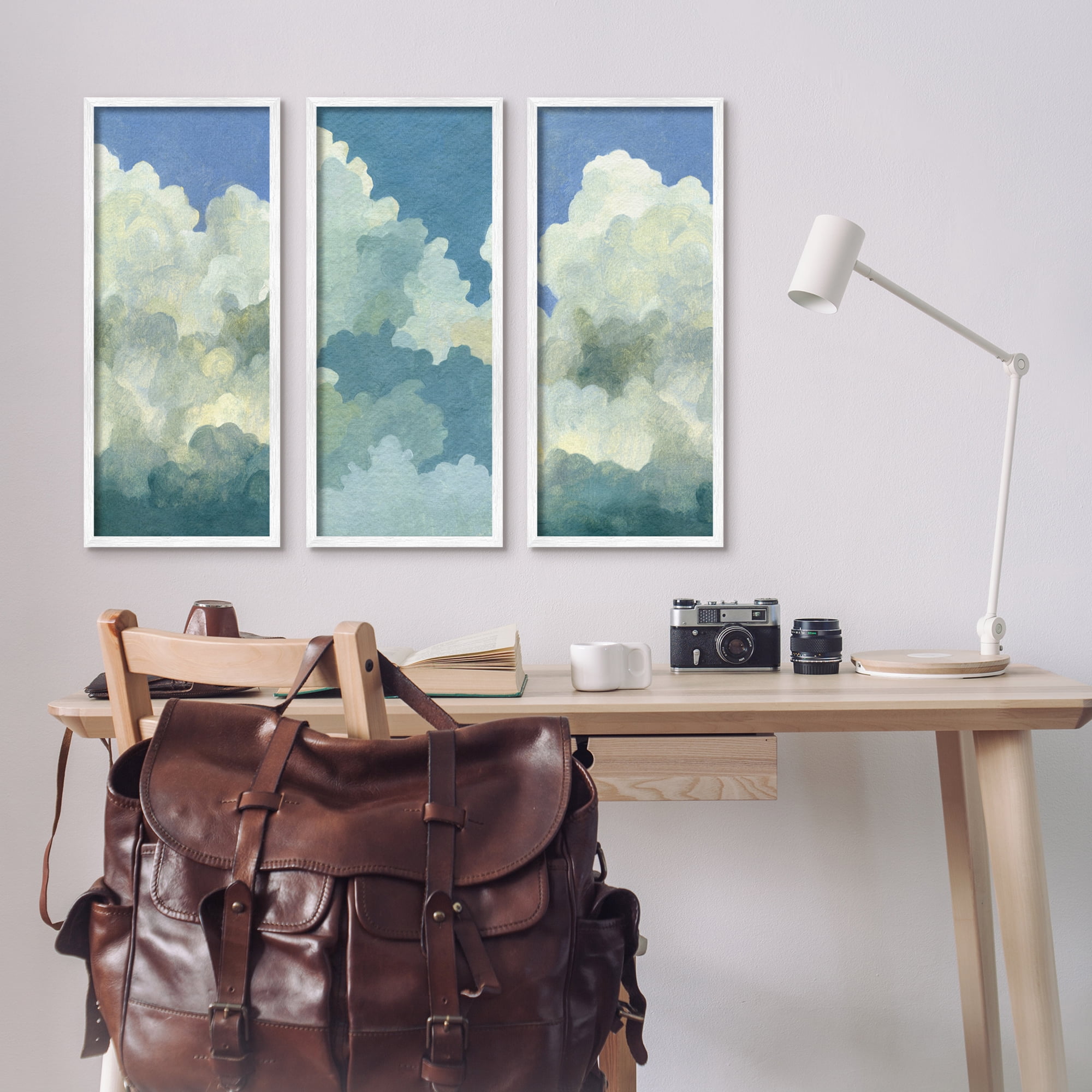 Stupell Industries Puffy White Clouds Clear Daytime Sky Watercolor Detail Painting White Framed Art Print Wall Art, Set of 3, Design by Emma Caroline