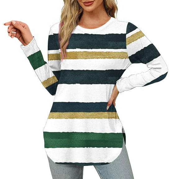 EchfiProm Trendy Tops for Women Pullover Army Green Striped Slit Hem Long Sleeve Womens T-Shirt Relaxed Fit