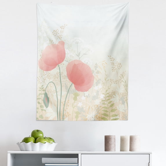 Pastel Tapestry, Wild Poppy Blooms with Herbs Twigs Leaves Grass Growth Nature Rural Morning Scenery, Fabric Wall Hanging Decor for Bedroom Living Room Dorm, 5 Sizes, Multicolor, by Ambesonne