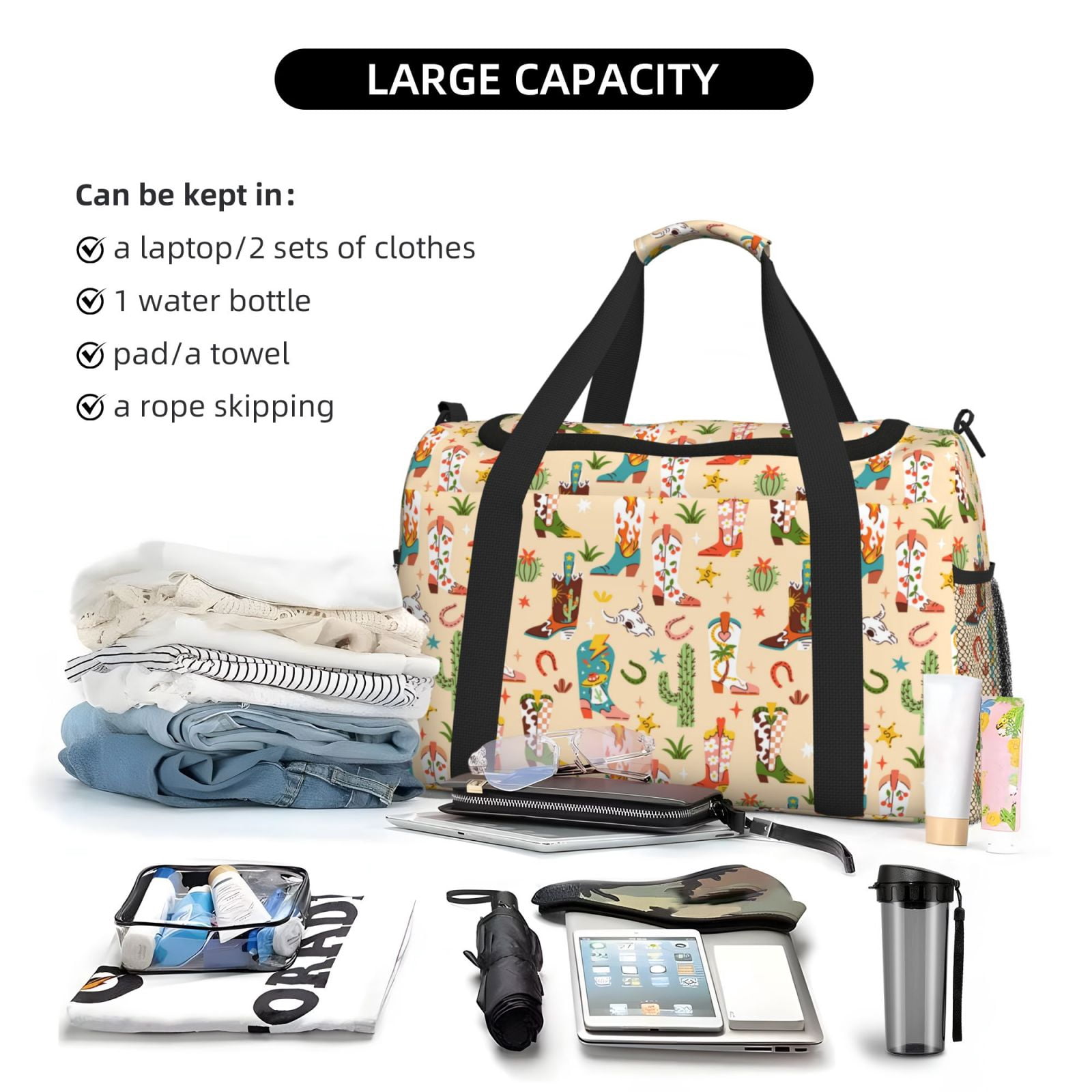Fuzoiu Groovy American Western Footwear Print Travel Duffle Bag,Carry On Tote Bags,Duffel Bag,Sport Gym Bag, Hospital Bag for Labor and Delivery, Overnight Bag,Luggage Bag