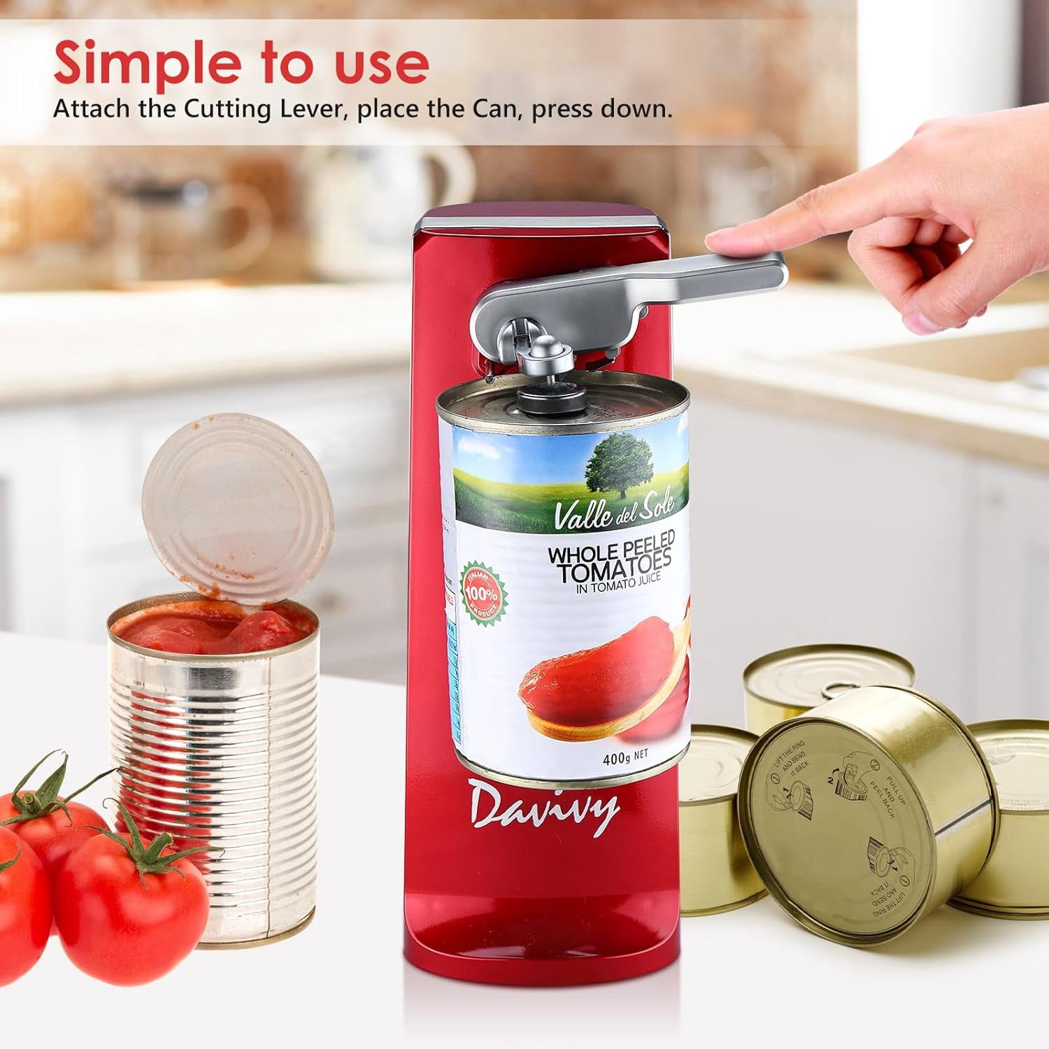 Davivy Electric Can Opener, 3-in-1 Design with Knife Sharpener & Bottle Opener, Red