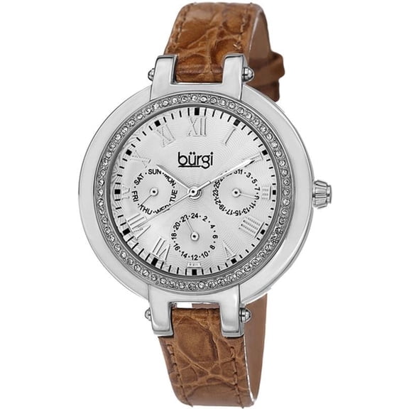 Burgi BUR085OR GMT Day Date Crystal Bezel Brown Strap Womens Watch
